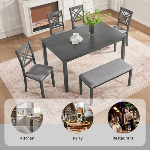 Harper & Bright Designs 6 Piece Kitchen Dining Room Set, Rectangular Wooden Dining Table with 4 X-Back Upholstered Chairs and 1 Bench, Modern Wood Furniture Set for 6 People, Grey Finish - Image 7