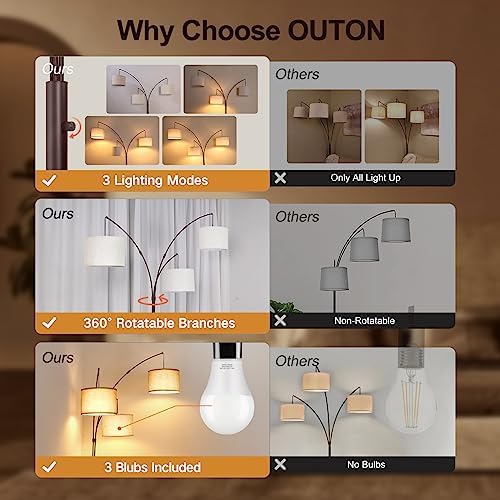 OUTON Tall Arc Floor Lamp - Adjustable, Modern, 3-Light Arched Lamp for Bedroom, Office, and Living Room, 2400lm Mid Century Design with 3 Energy-Efficient LED Bulbs Included, Beige Lampshade - Image 2