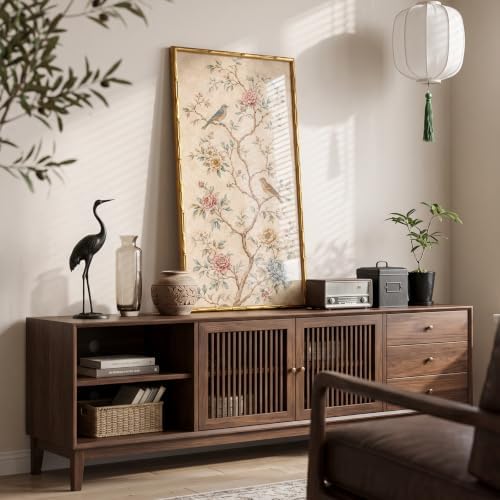 InSimSea Gold Bamboo Framed Wall Art, Asian Bird Flower Prints, 20x40In - Image 6