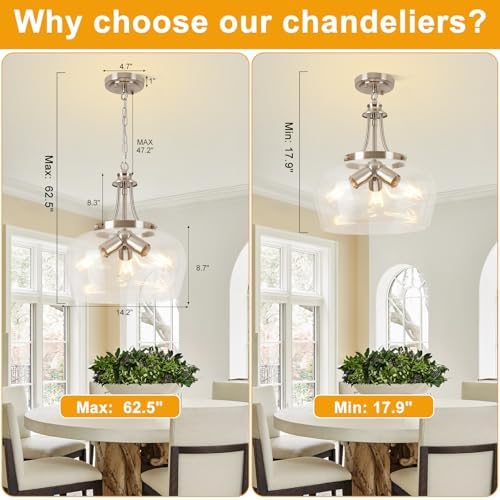 Modern Pendant Lights Kitchen Island, 3-Light Brushed Nickel Pendant Light Fixtures with 14.2" Clear Glass Shade,Industrial Hanging Pendant Lights Fixture for Kitchen Island Dining Room Entryway Foyer - Image 5