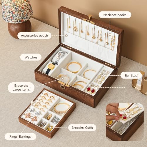 Black Walnut Wooden Lockable Jewelry Box, 2 Layer Large Organizer for Women - Image 4