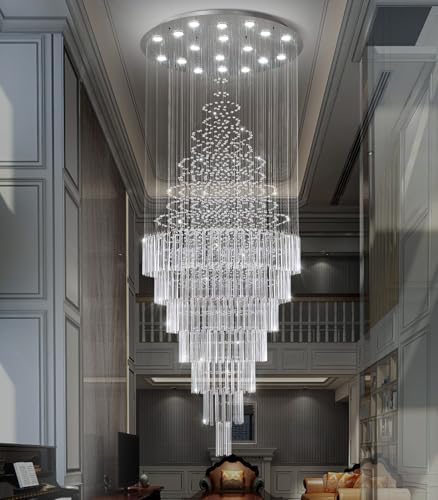 HAIXIANG W40 x H120 Glam Chandelier with LED Bulbs Crystal Raindrop High Ceiling Pendant Light for Entrance Large Villa Chandelier Foyer Lighting Fixtures Silver - Image 5