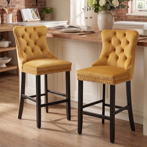 SoarFlash Modern Velvet Upholstered Bar Stools Set of 2 with Wood Legs, Button Tufted,Chrome Nailhead, Counterstool Seat, Armless Bar Chairs (Gold) by SoarFlash