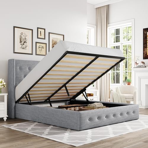 Allewie Queen Size Lift Up Storage Button-Tufted Bed Frame Light Grey by Allewie