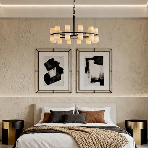 Alabaster Round Chandelier, Natural Spanish Stone Texture Chandeliers, D23.6in Round Chandeliers for Dining Room Small Chandelier Light Fixture for Kitchen Living Room Foyer Entryway Hallway (Black) - Image 6