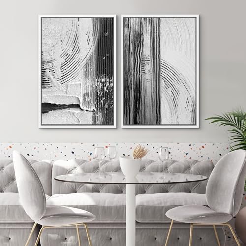 SIGNWIN Framed Canvas Print Wall Art Set Black White Industrial Paint Strokes Abstract Shapes Illustrations Modern Art Minimal Decorative Nordic for Living Room, Bedroom, Office - 24"" x36 x2 White - Image 2