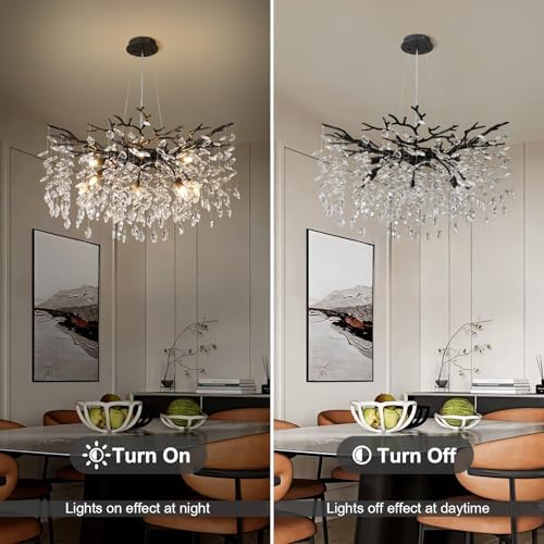 YUYI 30" Black Crystal Chandelier, 10-Light Tree Branch Chandelier for Dining Room, Luxury Round K9 Crystal Raindrop Chandeliers Light Fixture for Living Room Foyer Entryway Bedroom Kitchen - Image 5