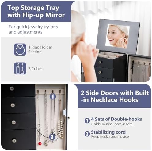 Giantex Standing Jewelry Armoire Cabinet with 4 Drawers, Flip Top Mirror, Top Storage Compartments, 2 Side Doors with 8 Necklace Hooks, Freestanding Jewelry Organizer Box Chest (Black) - Image 5