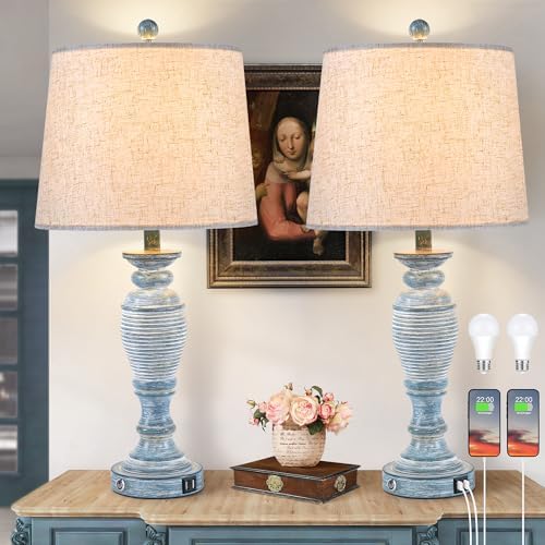 27.7” Farmhouse Table Lamps for Living Room, Blue&White, Set of 2 by Ireliare