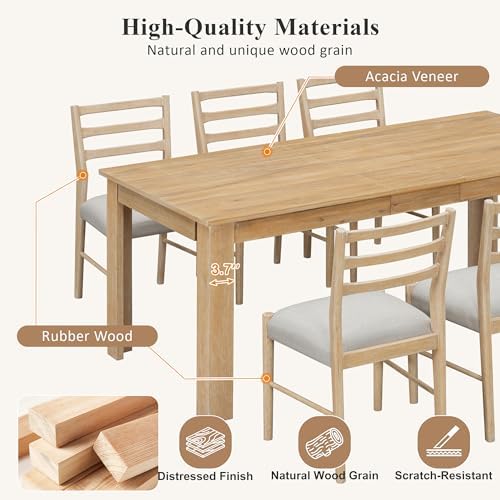 Farmhouse 7-Piece Kitchen Dining Table Set, Solid Wood Rectangle Extendable Table with 12” Leaf and 2 Drawers, 6 Dining Chairs with Soft Cushion, Dining Table Set for 6 Persons (Natural Wash+) - Image 6