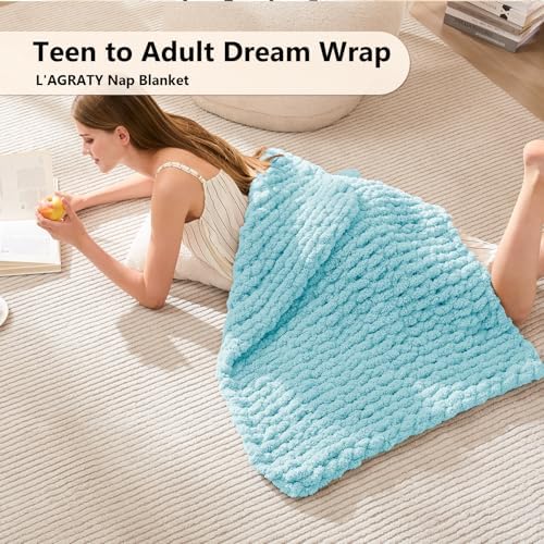 L'AGRATY Chunky Knit Throw Blanket for Couch, 30 x 40 Inches, Light Blue - Image 2