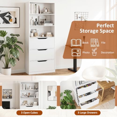 Shintenchi Bookshelf,6-Tier Bookcase with 3 Drawers, 6 Shelf Display Storage Shelves Floor Standing 70.6 inches Tall Bookcase for Home Office, Living Room (White) - Image 4