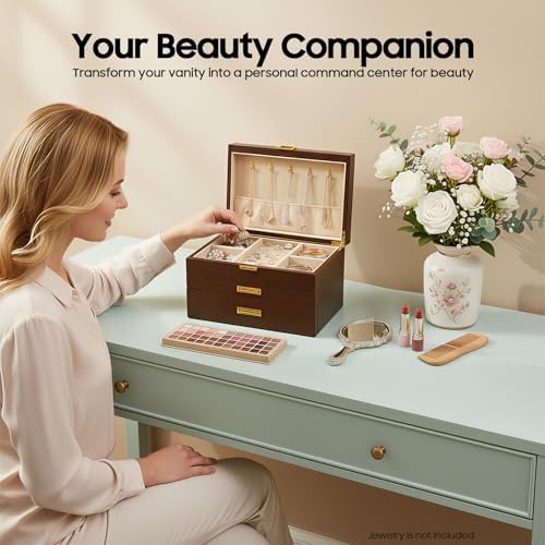 Wooden Jewelry Box for Women, 3 Layers Large Wooden Jewelry Organizer Box Watches Necklace Ring Storage Box for Women (Walnut 3 Layer) - Image 2
