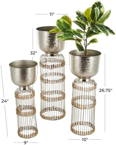 Deco 79 Metal Indoor Planter Textured Dome Large Planter Pot with Woven Seagrass and Caged Rod Pedestal Base, Set of 3 Planters 32", 27", 24"H, Silver - Image 3