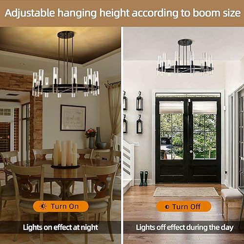 12 Light Black Round Chandelier 36'' Wagon Wheel Chandeliers for Dining Room Light Fixture Clear Glass Tube Chandelier Modern Farmhouse Chandeliers for Living Room Bedroom, Bulb Included - Image 5