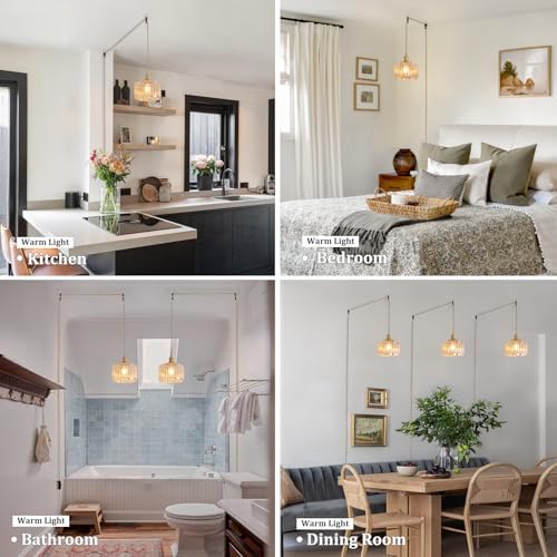 Shenmoyl Plug in Pendant Light Hanging Light Fixtures with Plugin Cord On/Off Switch,Amber Striped Glass Lampshade Brass Pendant Light - Image 2