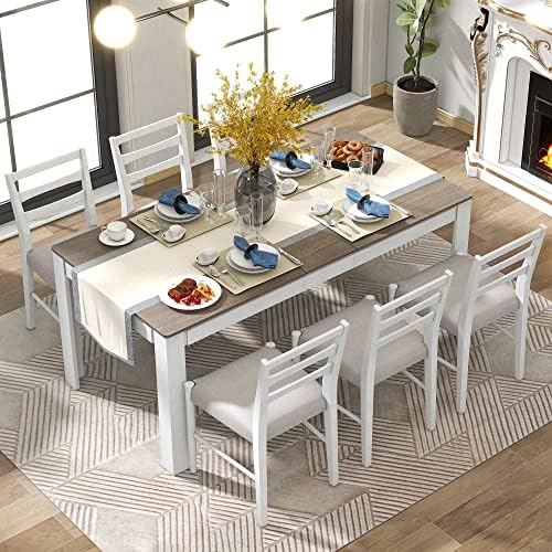 Farmhouse 7-Piece Kitchen Dining Table Set, Solid Wood Rectangle Extendable Table with 12” Leaf and 2 Drawers, 6 Dining Chairs with Soft Cushion, Dining Table Set for 6 Persons (Brown+White FR) by Unknown
