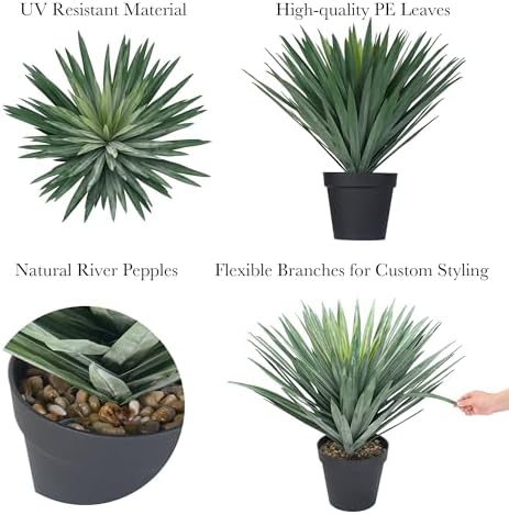 27 Inches Artificial Agave Plant for Indoor & Outdoor - Large Fake Agave Plant in Black Pot with Real Stone Pebbles, Modern Home Office Decor, 126 Leaves - Image 3