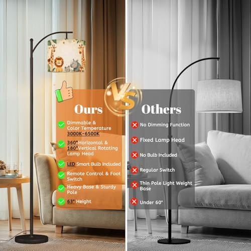 Arc Floor Lamp Animals Watercolor Baby Elephant Lion Zebra Giraffe Dimmable Modern Standing Lamp with Remote Adjustable Drum Shade Footswitch Tall Pole Lamp for Living Room Bedroom - Image 7