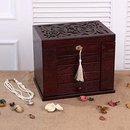 Changsuo Wooden Jewelry Box for Women, Organizer Box of Solid Wood with Lock and Key for Jewelries, Watches, Necklace, Ring, Lockable Storage Case (Burgundy) - Image 2