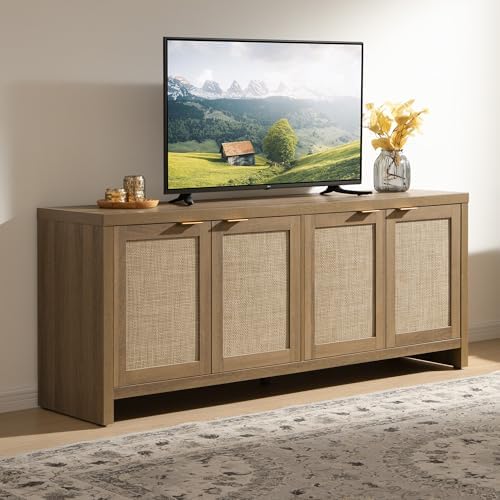 SICOTAS TV Stand for Living Room Boho Entertainment Center for Bedroom with 4 Rattan Cabinets Farmhouse Television Stands with Storage Large Media Console Table for TVs up to 65 Inch - Image 2