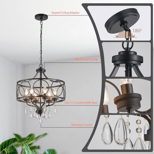 Modern Black Chandelier 17.7" Metal Crystal Pendant Lighting Fixture Hanging 6-Light for Dining Room Bedroom Living Room Kitchen Entryway - Image 5
