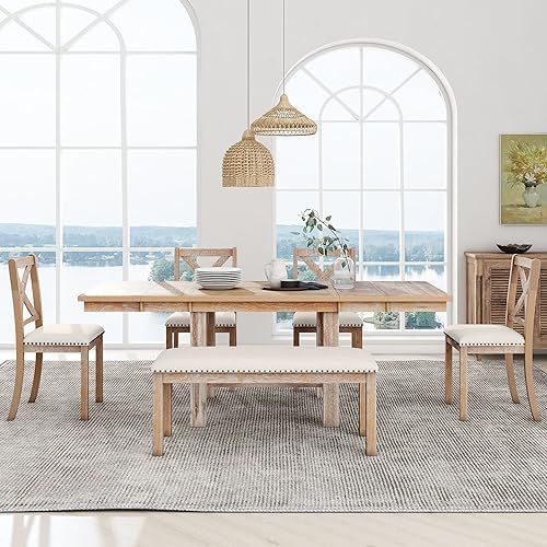 Farmhouse 6-Piece Extendable Dining Room Table Sets, Acacia Wood 82'' Dining Table with 2 Removable Leaf and Upholstered Dining Chairs& Bench, Soft Cushion with Rivet (Natural+Be) - Image 2