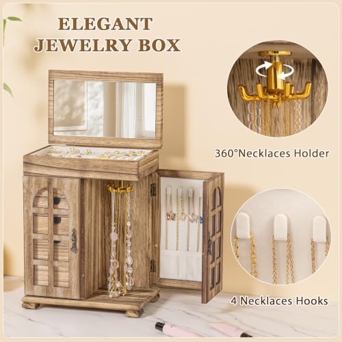 Honiway Jewelry Boxes for Women, 5 Layer Wooden Jewelry Box with Drawer & Mirror, Rustic Jewelry Organizer for Necklace Bracelet Ring Earring, Farmhouse Decor for Bedroom Dresser (Rustic Brown) - Image 5