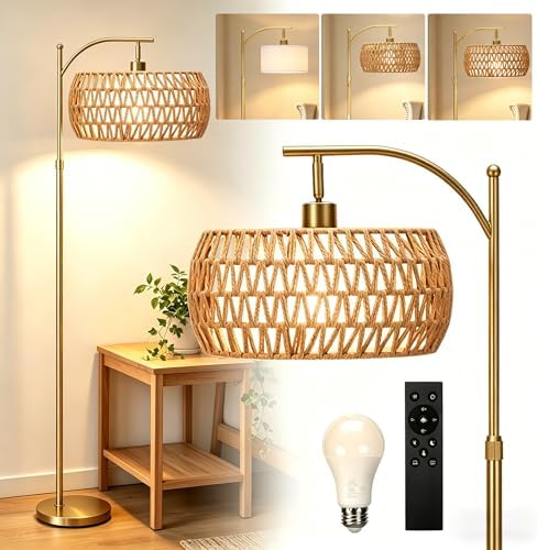 Gold Floor Lamps for Living Room, Arc Floor Lamp with Remote & Dimmable Bulb, 3 Color Temp Boho Standing lamp with Rattan Cage Shade, Height Adjustable Tall Lamp for Bedroom Corner by IAMOL