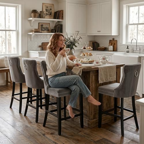 SoarFlash Modern Velvet Upholstered Bar Stools Set of 4 with Wood Legs, Button Tufted,Chrome Nailhead, Counterstool Seat, Armless Bar Chairs (Gray) - Image 3