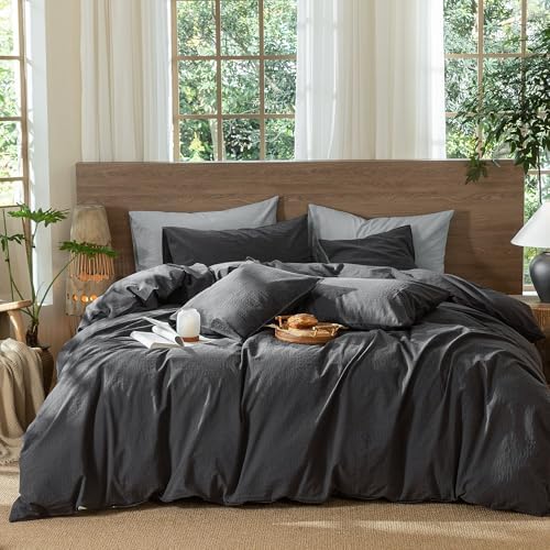 MooMee Wavy Striped Duvet Cover Set 100% Washed Cotton Linen Like Textured Breathable Durable Soft Comfy (Charocal Grey, Twin 68"x90") by MOOMEE