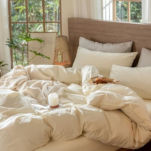 MooMee Wavy Striped Duvet Cover Set 100% Washed Cotton Linen Like Textured Breathable Durable Soft Comfy (Cream White, Twin 68"x90") - Image 5
