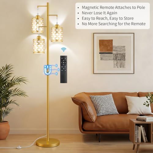 72" Dimmable Floor Lamp with Remote & Timer, Modern Industrial Standing Lamp for Living Room Bedroom, 3 Individually Controlled Heads, 2 Height Options, 3 x 800LM LED Bulbs Included - Gold - Image 2