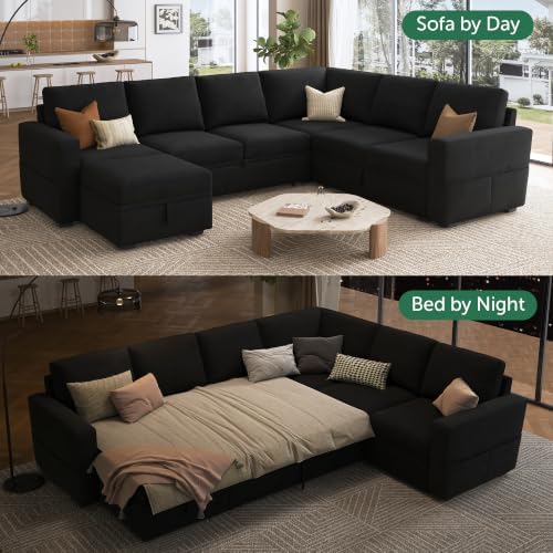 HONBAY Sectional Sleeper Couch with Pull Out Bed, U Shaped Sectional Sofa with Storage, Modular Velvet Sectional Couches for Living Room, Black - Image 3