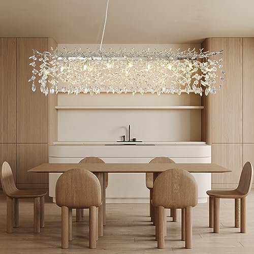 60" Silver Crystal Chandelier, 16-Light Modern Tree Branch Chandeliers, Rectangular Chandelier for Dining Room, Kitchen Island, Living Room, Foyer, Entryway, Luxury K9 Crystal Raindrop Light Fixture - Image 3