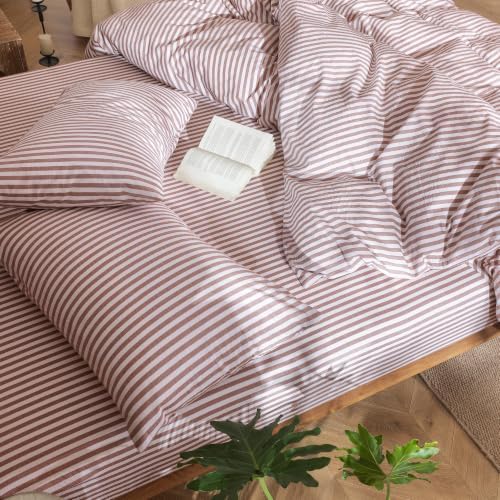 MooMee Striped Duvet Cover Set 100% Washed Cotton Linen Like King - Image 5