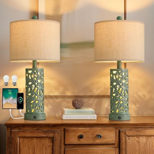OYEARS 22'' Table Lamp Set of 2 for Living Room, Farmhouse Lamp for Bedroom, Vintage Bedside Lamps with Retro Design and USB Ports, Linen Shade for Home Office (Bulb Included, Green) - Image 5