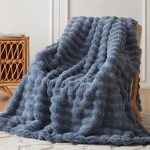 COOVA Soft Bubble Faux Fur Throw Blanket, 50"x60", Cationic Dark Blue by COOVA