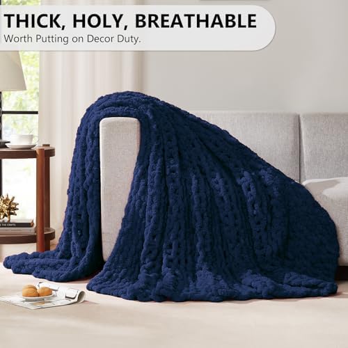 L'AGRATY Chunky Knit Throw Blanket for Couch, 50 x 60 Inches, Dark Blue - Image 5