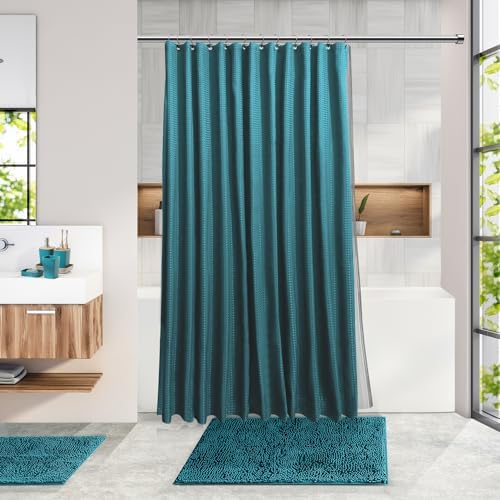 Clara Clark Bathroom Accessories Set - 27PC Bathroom Set with Adhesive Corner Shower Caddy Hanging, Bathroom Sets with Shower Curtain and Rugs, Teal Shower Curtain Set with Bathroom Trash Can - Image 2