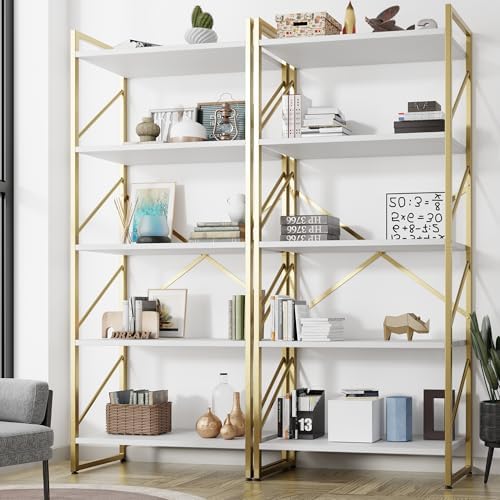 Shintenchi 2 Pieces 5 Tiers Bookshelf, Classically Tall Bookcase Shelf, Industrial Book Rack, Modern Book Holder in Bedroom/Living Room/Home/Office, Storage Rack Shelves for Books/Movies-Gold by Shintenchi%7CFurnitureMadeforRealLife