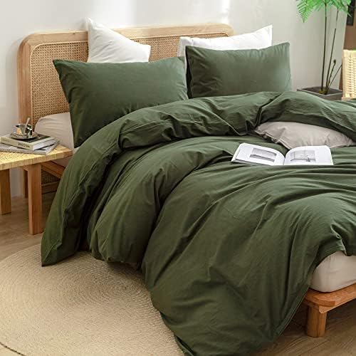 BESTOUCH Cotton Solid Duvet Cover Set Linen Feel Olive Green Alaska King - Image 5