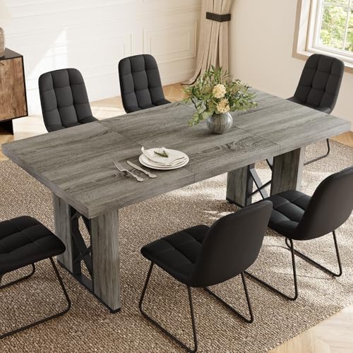 HIPIHOM 7-Piece Dining Table Set for 6, Grey Table with 6 PU Black Chairs - Image 6