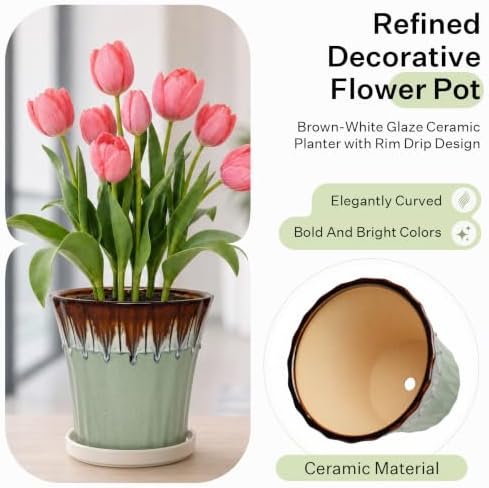 8.3 Inch Ceramic Planters with Drainage Hole and Saucer,Indoor Outdoor Large Flower Pots, Garden Pot for Plant Lovers (Drip Green) - Image 3