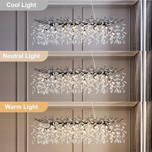 YUYI 47" Black Crystal Chandelier, 14-Light Modern Tree Branch Chandeliers for Dining Room, Luxury Rectangular Chandelier for Kitchen Island, Living Room, Foyer, K9 Crystal Raindrop Light Fixture - Image 5