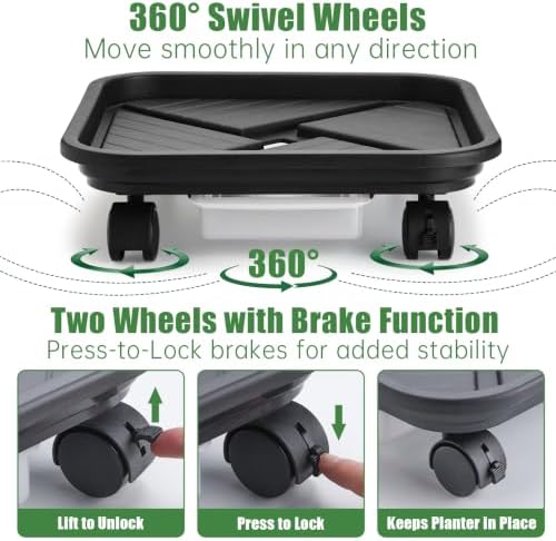 4-Pack 18 Inch Large Outdoor Planters with Saucers & Lockable Wheels, Black - Image 4
