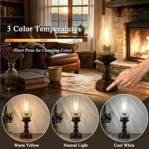 Vintage Touch Control Cordless Table Lamp, Rechargeable Rustic Table Lamp, Battery Operated Portable Retro Table Lamp, 3-Color Dimmable for Bedroom, Nightstand (Transparent) - Image 2