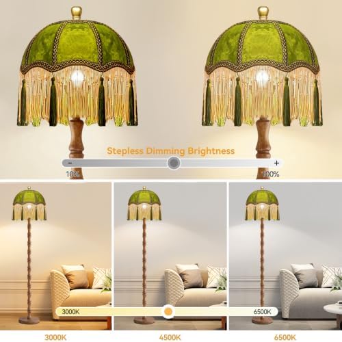 ILLMTW Vintage Floor Lamp for Living Room,Bedroom,Dimmable Standing Lamp with Remote,Green Mid Century Gold Tall Lamp Boho Retro Floor Light Wood Fringe Tassel Flower Unique Tiffany Victorian Decor - Image 2