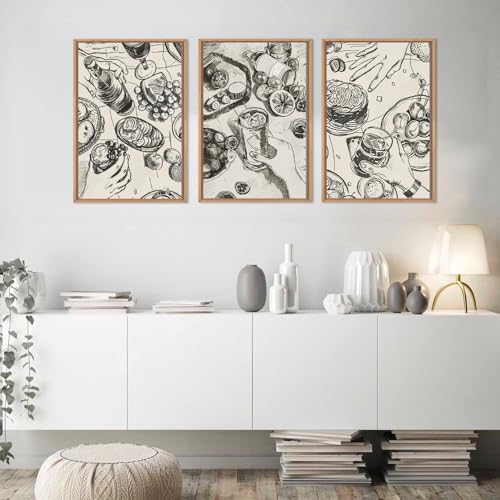 LHIUEM Large Retro Sketch Cheers Framed Canvas Wall Art,Food and Drink Wall Decor,Mid Century Gatherings Dinner Wall Painting,Abstract Black and White Art Prints for Kitchen,Dining Room - 24"x36"x3 - Image 5