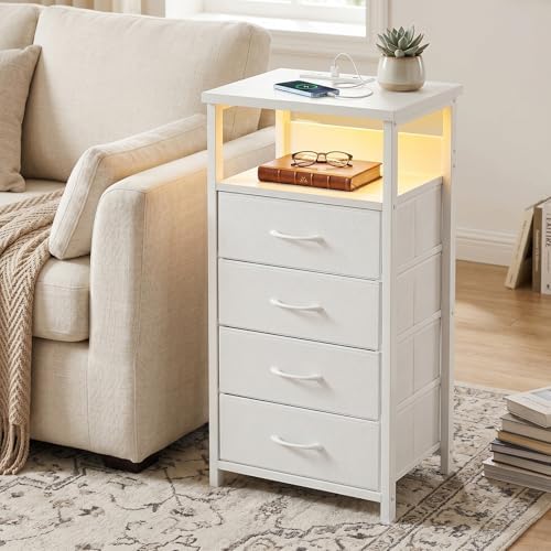 Fixwal Night Stand with Charging Station, White Led Nightstand, 4 Drawers - Image 7